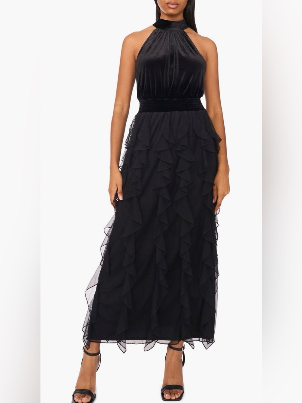 Halogen Halter Neck Cascading Ruffle Maxi Dress in Rich Black
